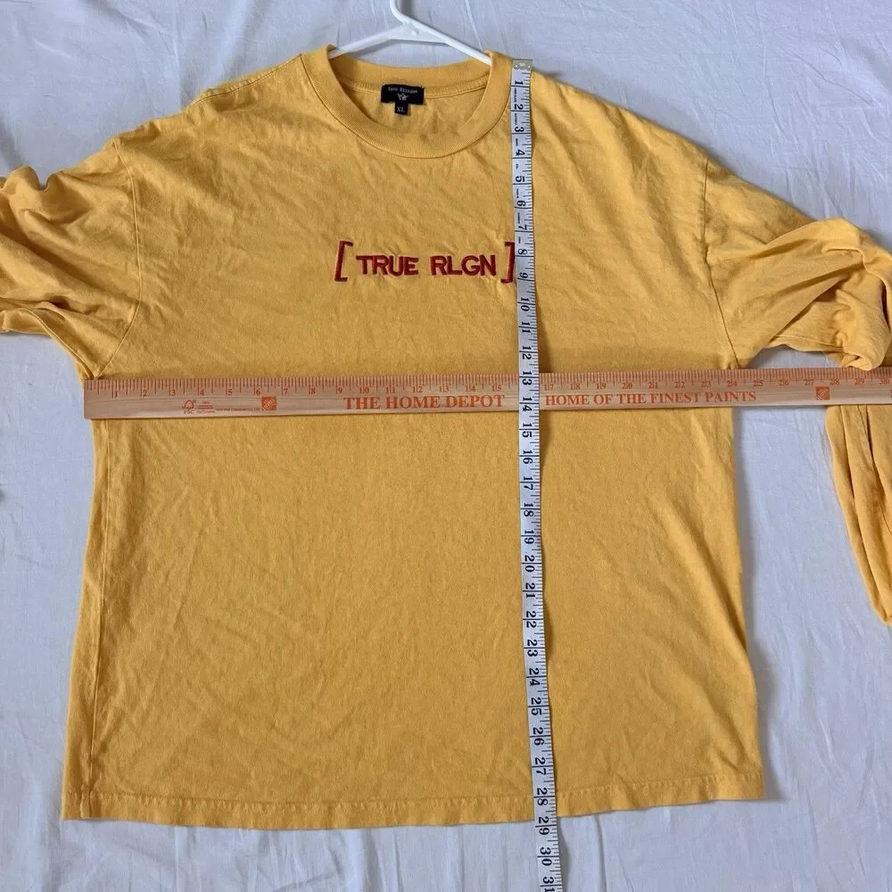 True Religion XL Long Sleeve T Shirt Yellow Embroidered Logo USA Made Cotton Y2K